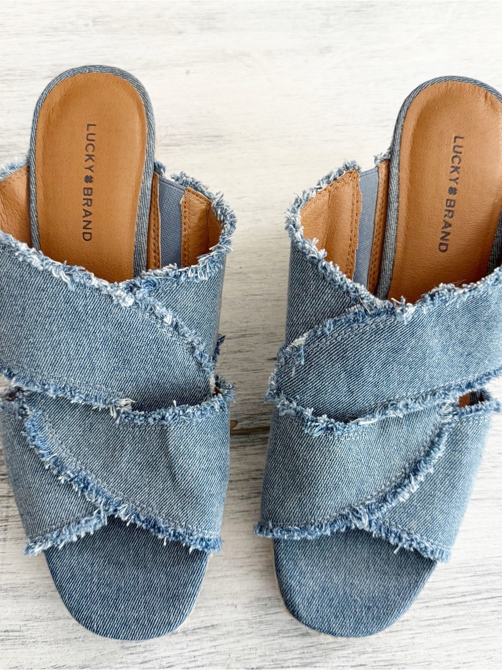 Lucky Brand Denim Frayed Espadrille Wedges in Light Blue size 10M